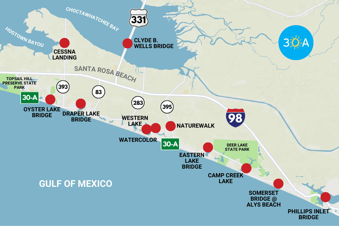 Map of Highway 30A: Discover the bridges that connect its picturesque locales.