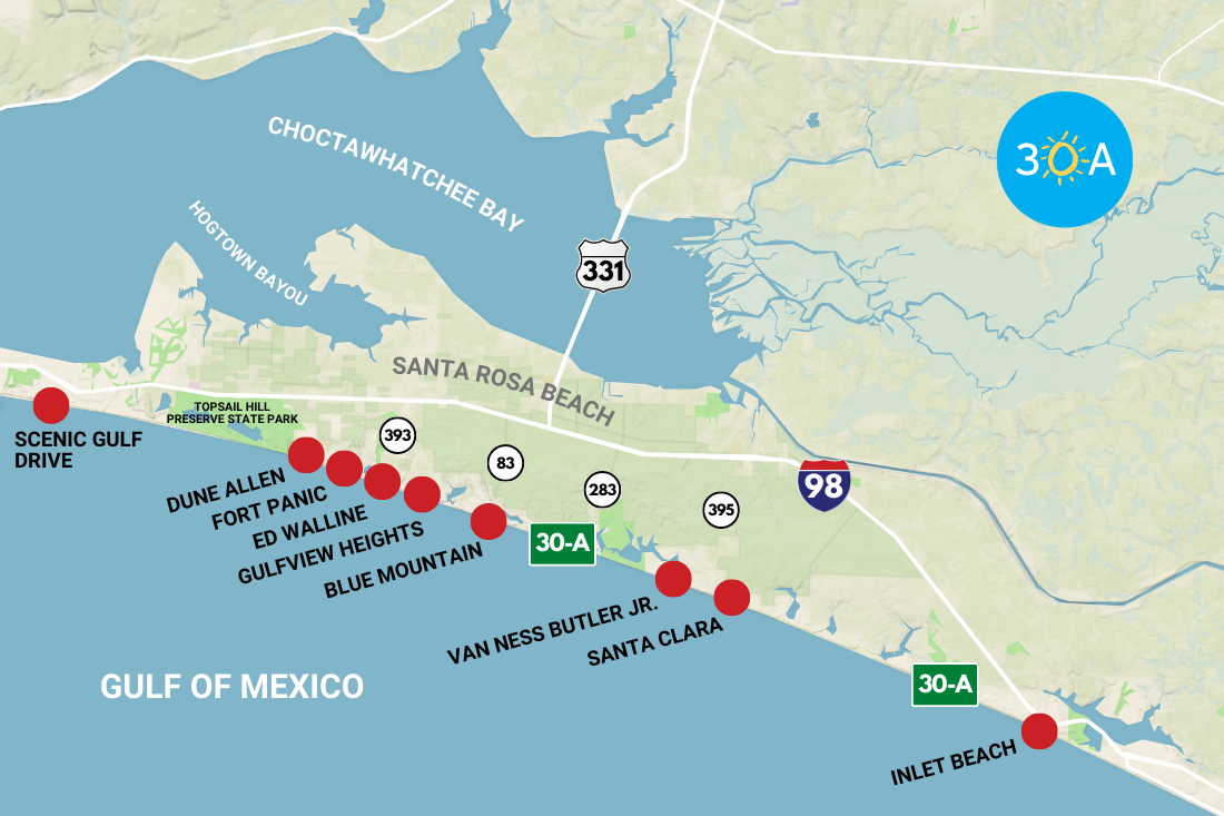 Map illustrating the spread of public beach accesses along Scenic Highway 30A in Walton County.