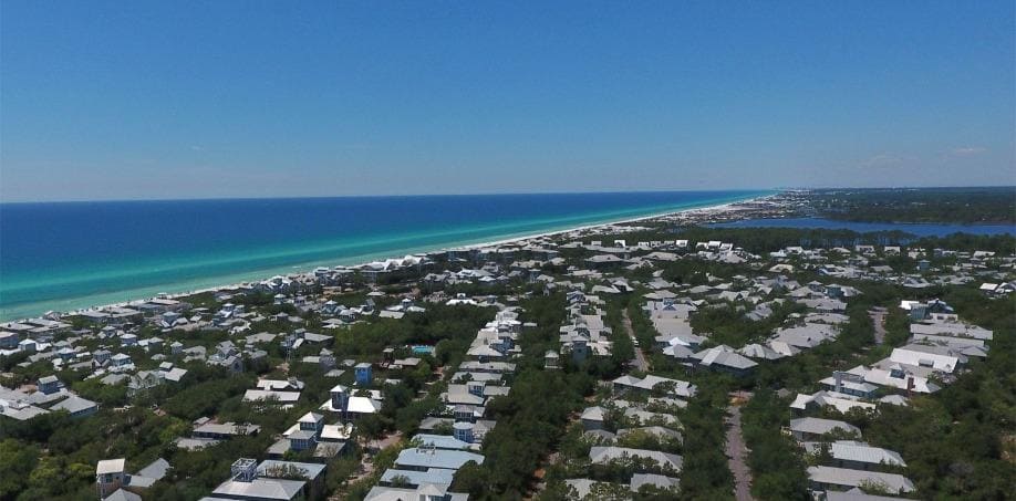 Aerial view of the stunning WaterColor community, nestled along Florida's famed 30A.